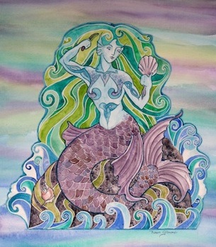 Elemental Mermaid (water element, from a series of the four elements); watercolour and collage