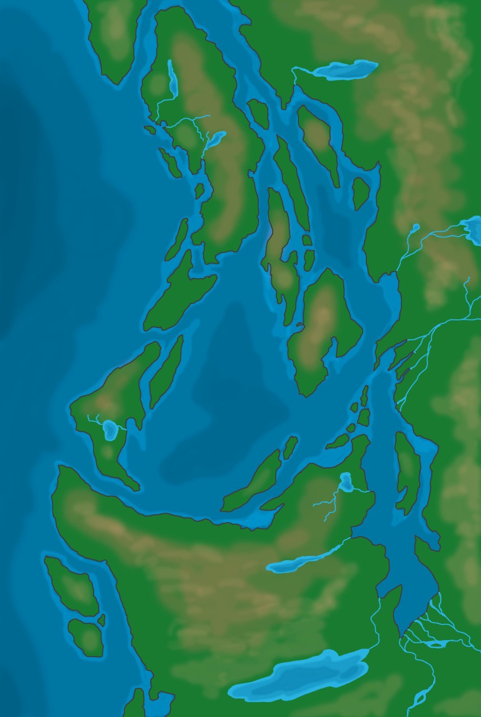 This drawing was entirely made in Photoshop, based on a pencil sketch. There's still a lot of work to do, to give the land some more form, add place-names, a compass, and maybe a couple of "here there be dragons" kind of things!