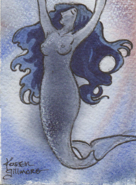 A mermaid sketch card: watercolour and ink, 2.5x3.5 inches