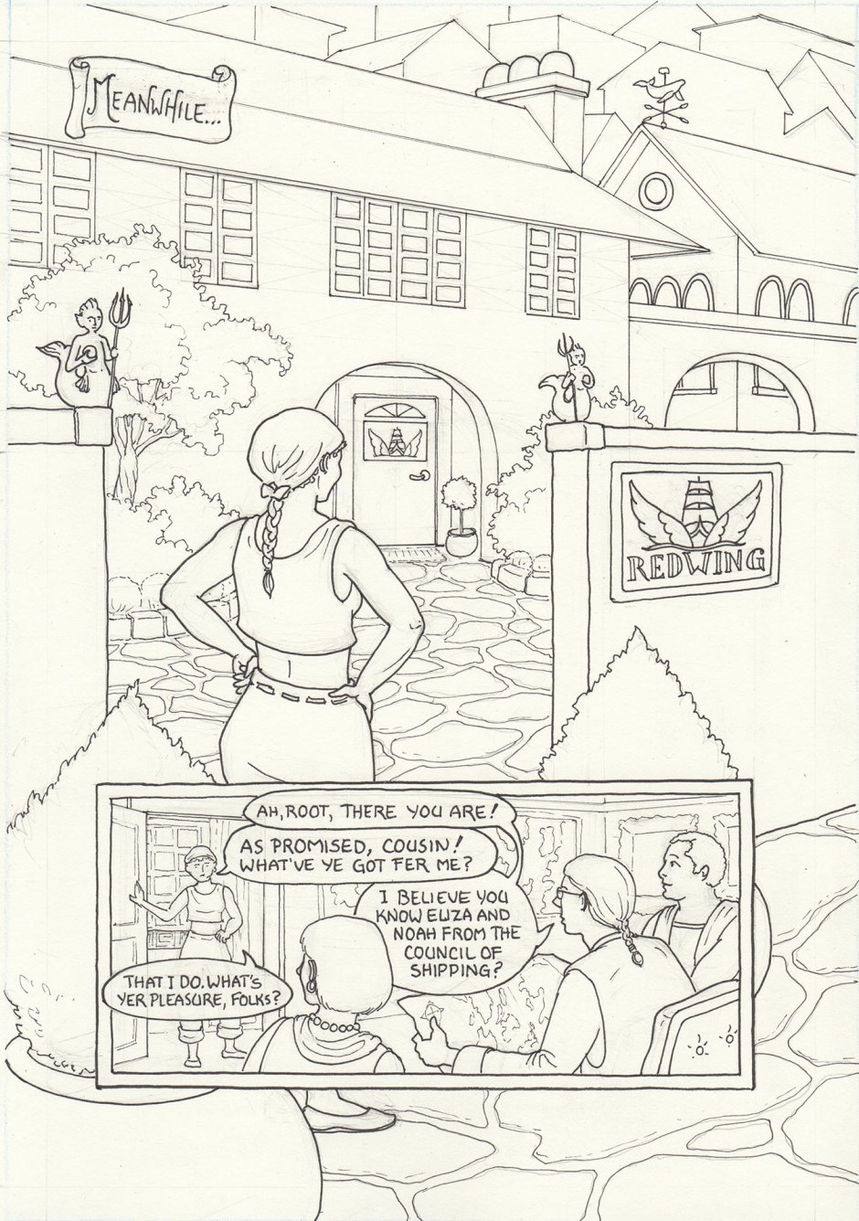 Aunt Root is back, and about to find out about that contract she mentioned to Sami back on page 20. The Redwing logo was fun to design, and I'll be playing with that a bit — might even make some jewellery!