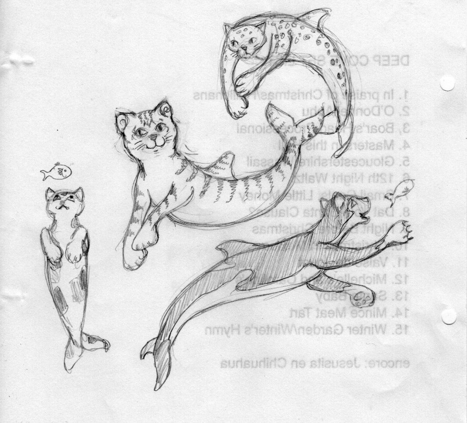 I've had cats on the brain lately; we are currently catless, and I've been drawing a LOT of them. Here's some for the mermaids.