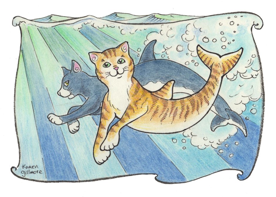 "We are the companions of both Fins and Hands, but we are kind of shy of strangers. But look for us at the mer-folk's city — they stir up a lot of bite-sized fish to eat!" — Sun-on-Wave and Grey-Shadow ("Flirting with the Sun")