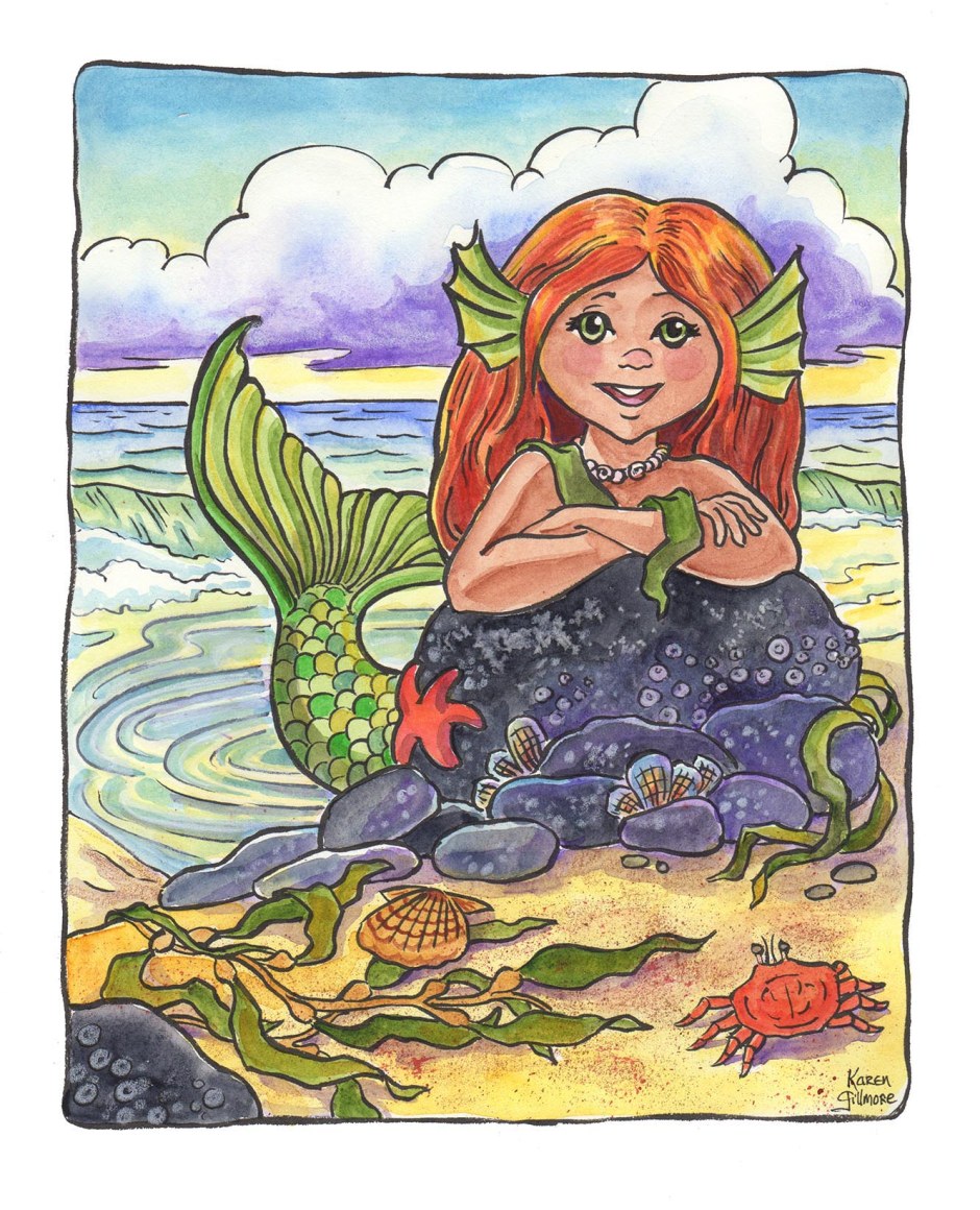 Mermaid Sprite — ink, watercolour, and coloured pencil. About 8 x 10 inches.